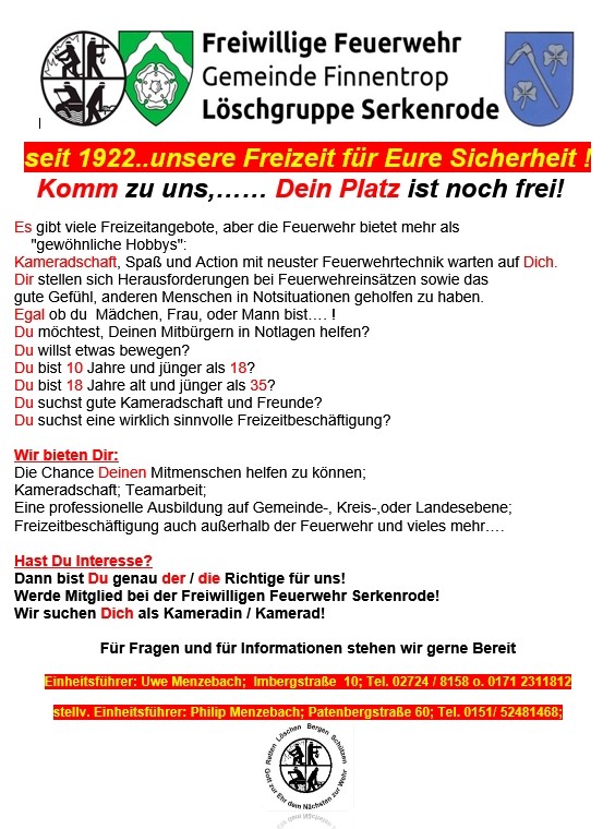 Freiwillige Feuerwehr Gemeinde Finnentrop Löschgruppe Serkenrode. Flyer Komm zu uns, dein Platz ist noch frei.