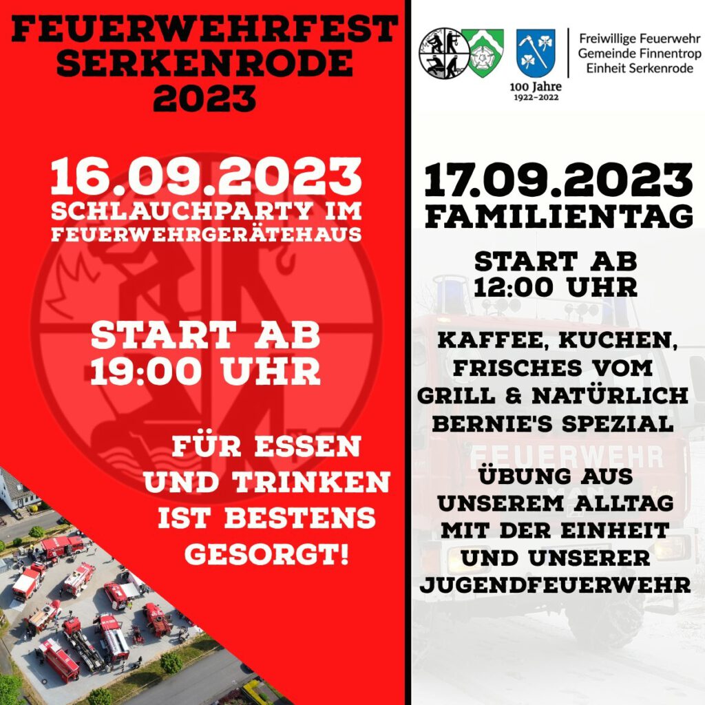 Einladung der Freiwilligen Feuerwehr Löschgruppe Serkenrode zum Feuerwehrfest. Schlauchparty am 16.09. und Familientag am 17.09.2023